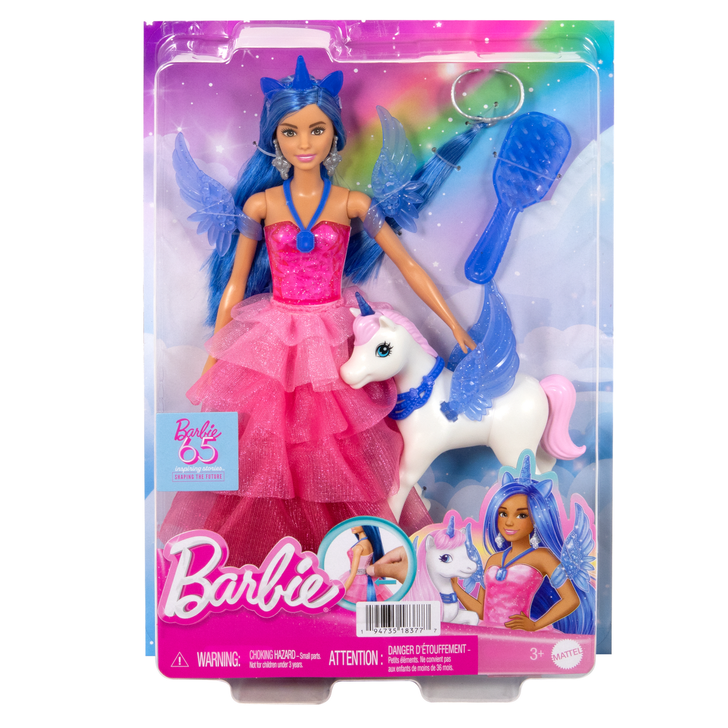 Barbie 65Anniversaire Poupée et Animal Licorne Ailée, Ch. Bleus