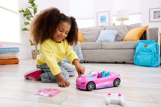 Hot Wheels RC Barbie Convertible, Battery-Powered Remote-Control Toy Car, Fits 2 Barbie Dolls